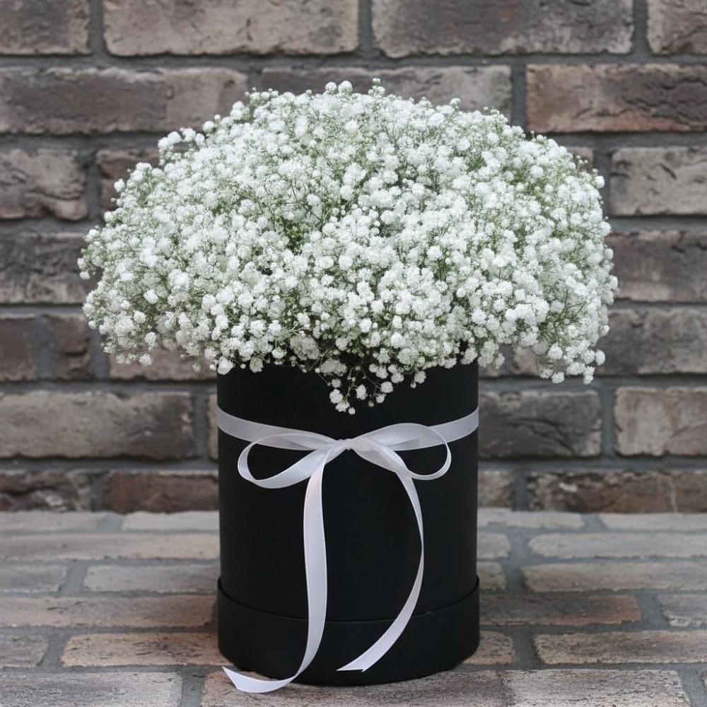 Композиция коробка гипсофил в Остров Цветочная композиция из Гипсофила в шляпной коробке в Остров