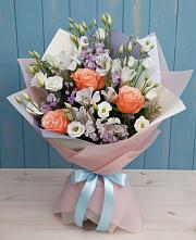 Букет Утренняя свежесть в Остров Букет цветов из:  Лизиантусы, Розы, Альстромерии и Гипсофила в Остров
